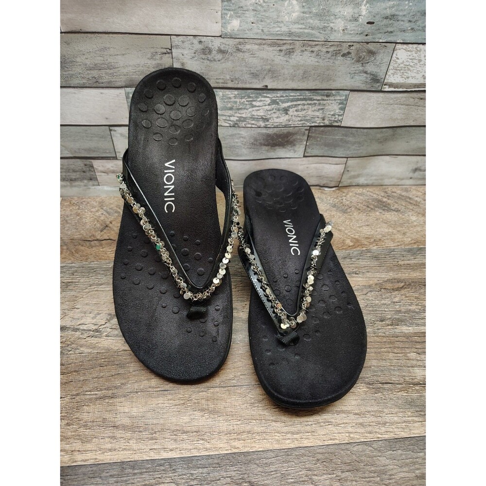 Vionic Belize Thong Sandals Metallic Sequin Flip Flops Size 9 Womens Black NWOT